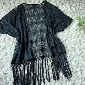 Active USA Black Lace Fringe all black Bohemian BoHo hippie Poncho